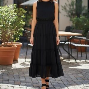 1.State Black Tiered Maxi Dress Sleeveless Smocked Waist Medium NWT